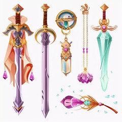 Stylized fantasy swords and magical accessories with colorful gems and elegant designs
