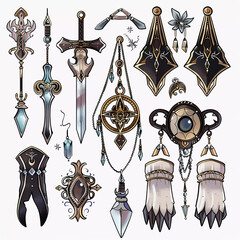 Collection of fantasy weapons and accessories with intricate designs and gems