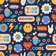 Groovy y2k seamless pattern with colorful smiley and heart shapes. retro background with rainbow and flower, star elements, cheerful visual for playful interior, fashion or creative wallpaper.