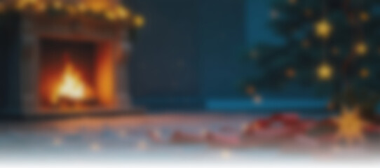Blurred winter Christmas background in blue tones, horizontal banner with space for text