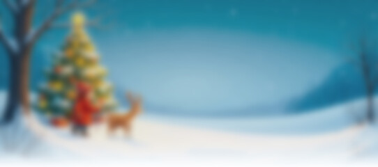 Blurred winter Christmas background in blue tones, horizontal banner with space for text