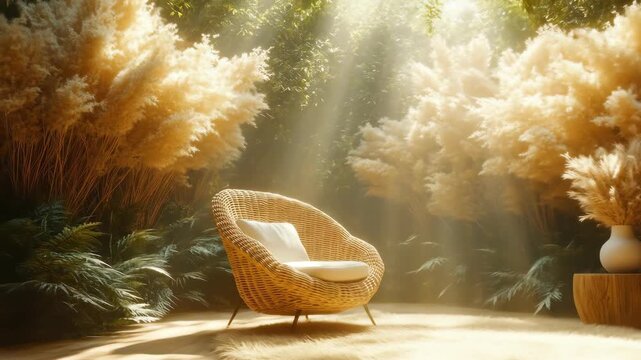 A sun-dappled outdoor scene features a wicker chair and feathery plants. Light streams