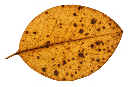 Dry autumn leaf displaying yellow and brown colors, with distinct veins and natural decay spots, isolated on a transparent background