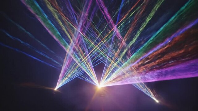 Colorful laser beams intersecting in dark space abstract digital background of light effects and motion