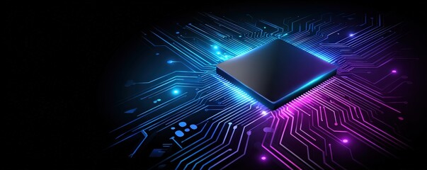 A sleek microchip illuminated by vibrant colors on a circuit board, symbolizing advanced technology and innovation in computing.