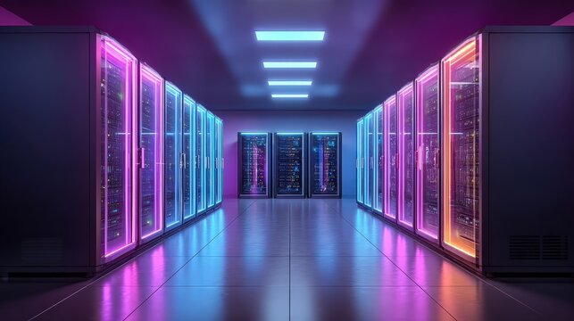 A vibrant server room illuminated with colorful lights, showcasing rows of high-tech servers in a modern data center.