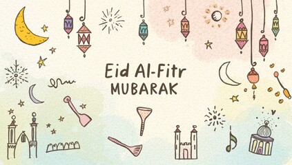 Eid alfitr mubarak greeting card with mosque, crescent moon, lanterns, and festive elements