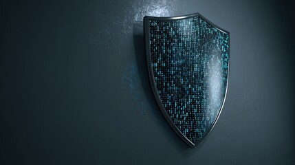 A futuristic shield design featuring a digital pattern, mounted on a textured dark wall, symbolizing security and technology.