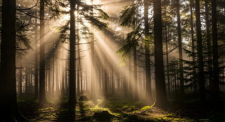 Fototapeta premium Magical sunbeams shining through majestic forest
