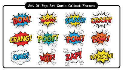 Set of Colorful Pop Art Comic Callout Bubbles with Sounds and Exclamations Retro Style © Nurlaily