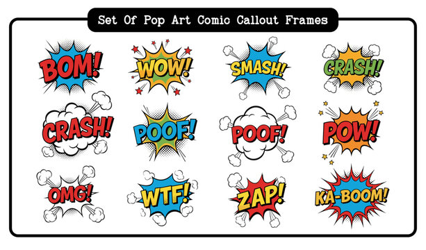 Comic Book Pop Art Callout Frames Action Speech Bubbles with Explosions