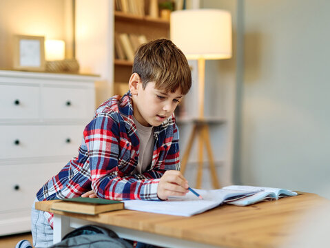 Portrait of a teenage boy doing homework at home, Concentrated beautiful male white child writing in hisnotebook. Focused caucasian schoolboy studying and preparing for exams