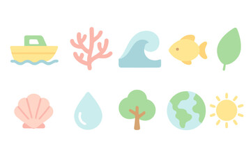 Marine life flat icon set. Ocean, nature, water symbols collection.