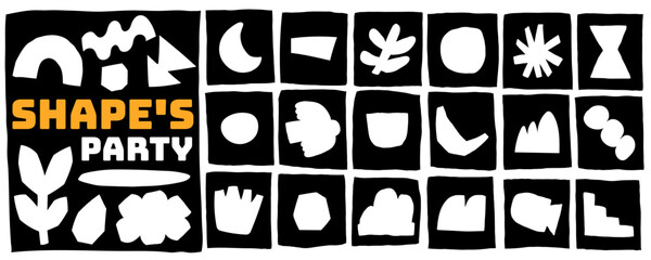 Black and White Shapes in Matisse style look organic in pattern. Abstract graphics show a hand with geometric star and drawn cutout. The kid-like background adds modern paper detail.