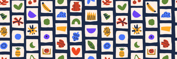 A shape becomes abstract element inside a collage. Seamless cutouts and doodles mix with paint and scribbles. The childish background turns into a playful pattern.