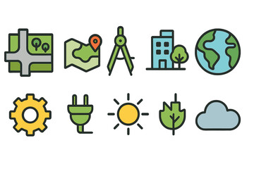 Map and geography flat icon set for navigation, nature, and environment