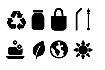 Eco-friendly, sustainable living solid icon set for green lifestyle initiatives