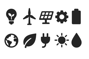 Energy and ecology solid icon set. Renewable, sustainable icons for clean energy.