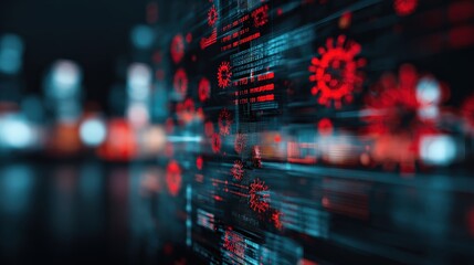 A digital abstract representation featuring red virus icons and data streams against a dark background, symbolizing technology and health.