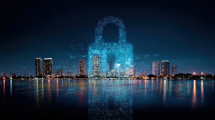 A digital padlock overlaying a futuristic city skyline at night, symbolizing cybersecurity and protection in a technological landscape.