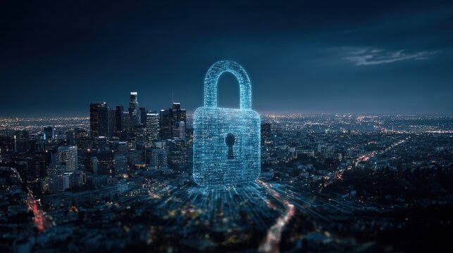 A futuristic city skyline with a digital lock symbolizing cybersecurity and protection, merging technology with urban life.