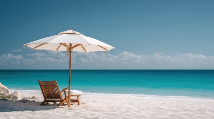 A serene beach scene featuring a wooden lounge chair under a white umbrella, with clear turquoise waters and a blue sky.