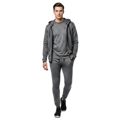 Fototapeta premium Young in Grey Textured Tracksuit and Black Sneakers Walking on Isolated transparent background. PNG Cut Out Transparent
