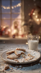 cookies on plate with glass of milk in cozy christmas setting 