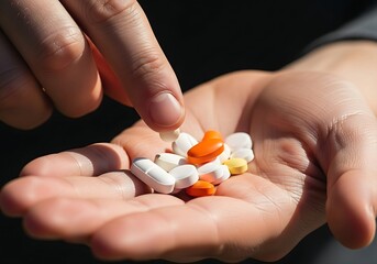 hand take pills from the palm of his hand to take painkillers, medicines, vitamins or antibiotics. Health concept.