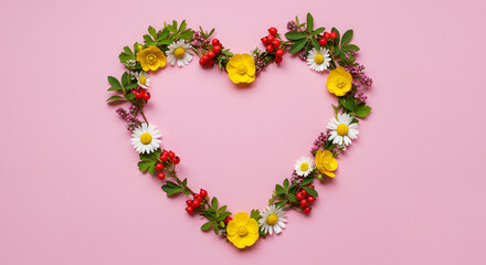 Obraz premium Vibrant heart wreath brimming with fresh spring wildflowers and bright red berries, perfect for heartfelt celebrations and romantic themes.