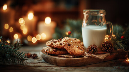 cozy christmas scene with cookies and milk on wooden table