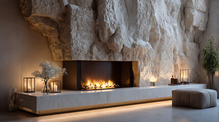 Elegant modern fireplace set in a natural stone wall, soft lighting, minimal decor, warm inviting glow creating a tranquil winter mood, isolated on white background