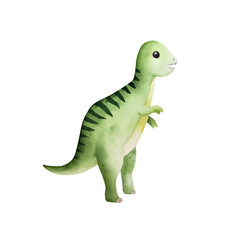 Cute dinosaur. Watercolor hand drawn prehistoric Tyrannosaurus Rex animal. Isolated illustration on transparent background. Perfect for for nursery and baby shower, tropical design projects. For