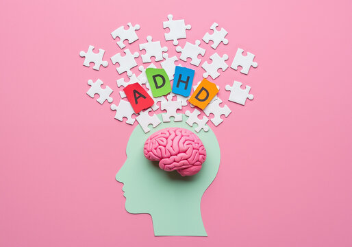 ADHD concept with brain and scattered puzzle pieces on pink background.
