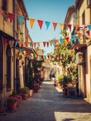 Naklejka premium Small Town Street Decorated with Colorful Fabric Flags Hanging Between Buildings Sunny Afternoon Warm Tones Shallow Depth of Field Photography