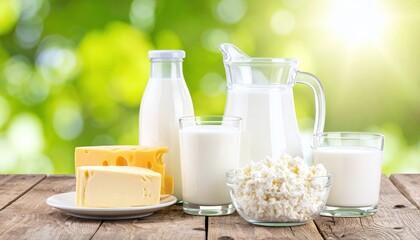 Fresh milk products assortment on rustic wooden table with blurred green background