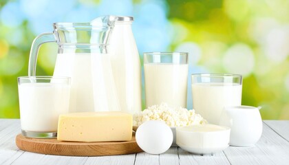 Assortment of fresh dairy products including white milk, yellow cheese, cottage cheese, and egg, arranged on a rustic wooden table with a blurred green natural background