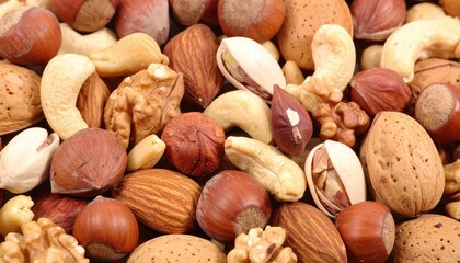 Close-up of assorted whole and shelled nuts including hazelnuts, cashews, almonds, walnuts, and pistachios