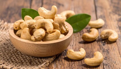 Roasted golden brown cashew nuts in a wooden bowl on a rustic wooden table with green leaves