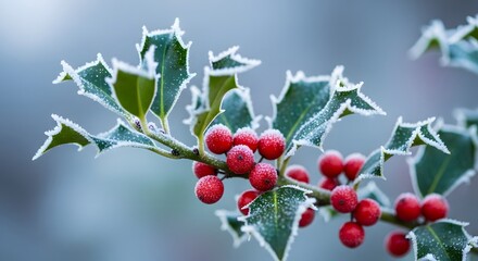 Obraz premium Close-up of a holly branch with vibrant red berries and frosted green leaves against a soft, blurred winter background, showcasing the delicate ice crystals.