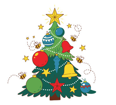 A decorated Christmas tree with festive ornaments and buzzing bees around it.