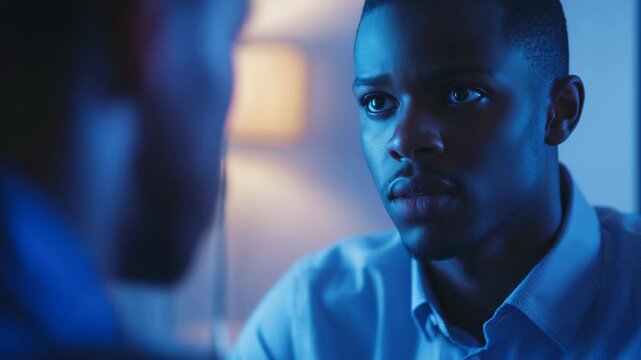 Young Black Man Looks at Reflection in Mirror, Contemplating Deeply Under Blue Light