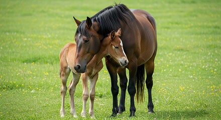Obraz premium Mother and Foal Horses Grazing in Green Meadow with Yellow Wildflowers