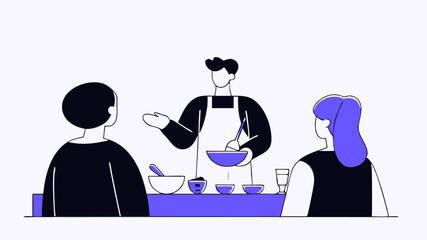 A cooking demonstration where a chef is explaining healthy meal preparation to an attentive audience with samples being shared and cooking tips exchanged.