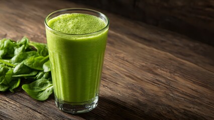Fototapeta premium A refreshing green smoothie made with fresh spinach sits on a rustic wooden table, providing a healthy and vibrant beverage option on a sunny day atmosphere.