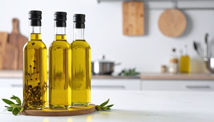 Three golden yellow glass bottles of olive oil, one infused with herbs, with black caps, on a white marble kitchen counter with a blurred modern kitchen background