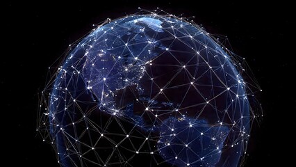 A global network is shown as a grid of interconnected lines and nodes overlaying Earth, representing worldwide communications and digital connectivity visually.