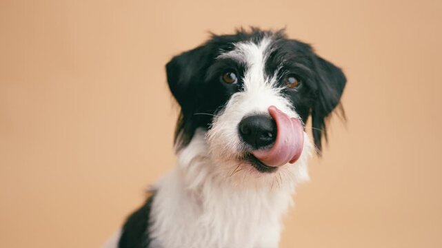 Curious black and white terrier dog licking its lips