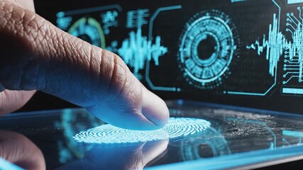Fingerprint identification process with digital interface and data visualization for secure access and authentication - Powered by Adobe