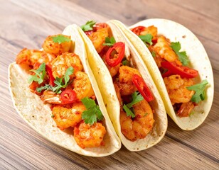 Spicy shrimp tacos with cilantro and red chili on a wooden table